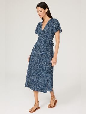 Marine Layer Emlyn Blue Floral Wrap Midi Dress, Hemp Fabric, Large
